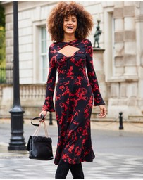 Sosandar - Baroque Print Keyhole Detail Ruched Front Midi Jersey Dress