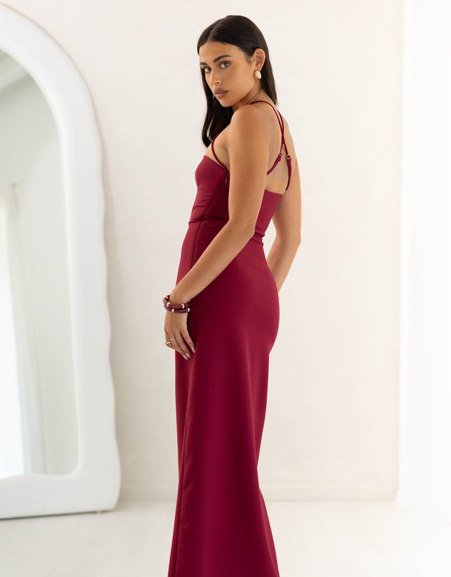 Beginning Boutique - Del Mar Burgundy Crepe Formal Maxi Dress