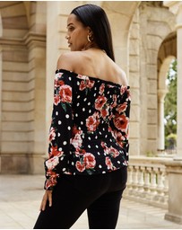 Sosandar - Floral Print Shirred Body Bardot Top