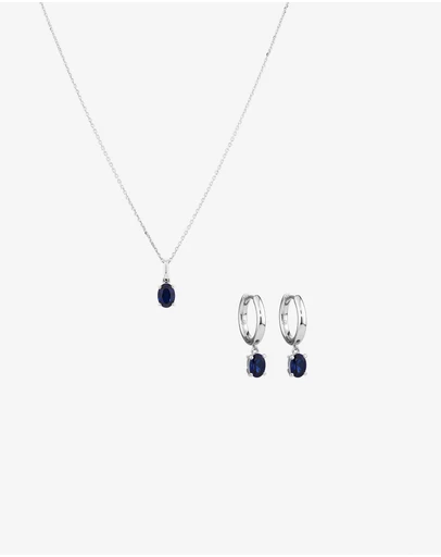 Michael Hill - Oval Cut Blue Created Sapphire Gemstone Hoop Earrings and Pendant Necklace Set in Sterling Silver