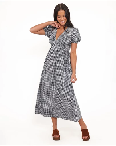 Petal & Pup - Ilyana Short Sleeve Maxi Dress - Navy Gingham