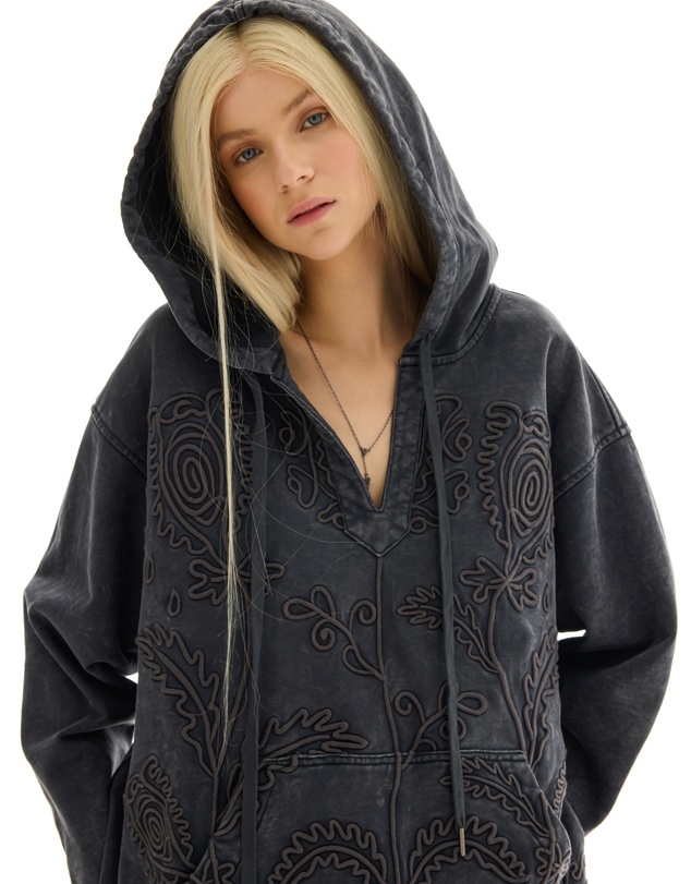 THE TALES - Textured Flower Embroidered Hoodie Jacket