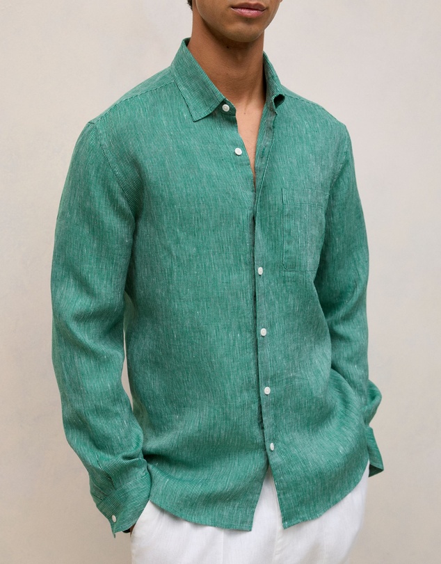 Trenery - Regular Fit Linen Fine Stripe Shirt in Deep Green