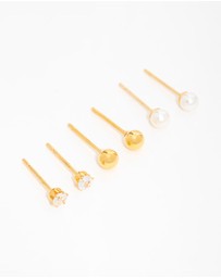 Lovisa - Gold Plated Surgical Steel Small Pearl & Cubic Zirconia Stud Earrings 3-Pack