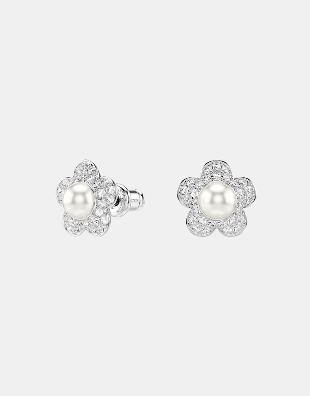 Swarovski - Ariana Grande x Swarovski Stud Earrings, Crystal Pearl, Round Cut, Flower, White, Rhodium Plated
