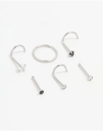 Lovisa - Surgical Steel Black Cubic Zirconia Nose Ring & Stud 6-Pack
