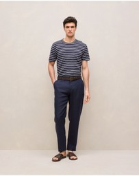 Trenery - Cotton Linen Double Stripe T-shirt in Navy