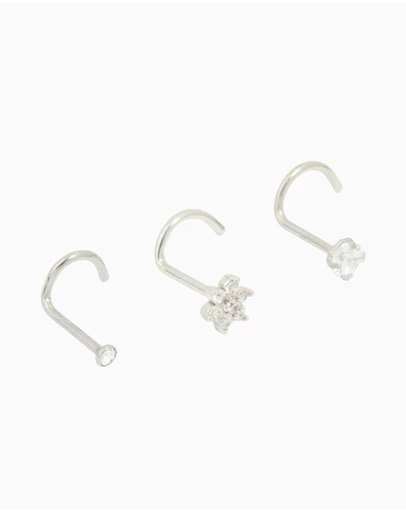 Lovisa - Surgical Steel Cubic Zirconia Floral & Classic Threadless Nose Studs 3-Pack