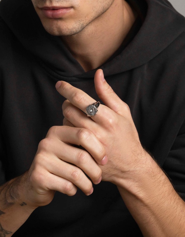 Nialaya Jewellery - Men's Vintage Evil Eye Ring with Clear Crystal