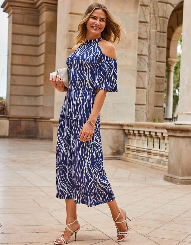 Sosandar - Swirl Print Jersey Cold Shoulder Midi Dress
