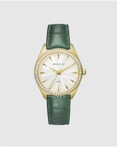 Maxum - Sydney - White Dial, Gold Tone Case & Green Leather Band