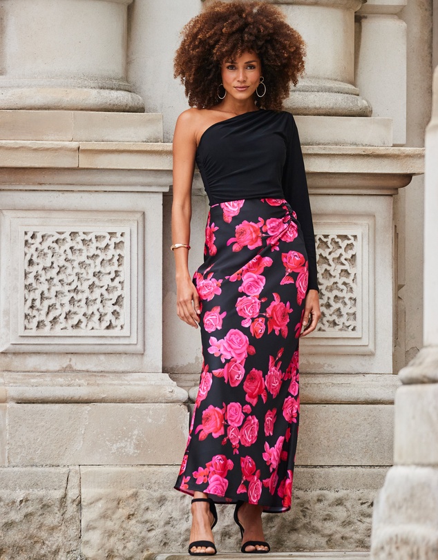 Sosandar - Floral Print Ruched Detail Satin Maxi Skirt