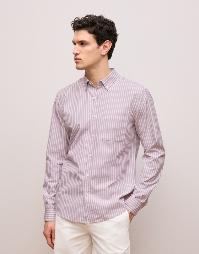 Trenery - Regular Fit Poplin Stripe Long Sleeve Shirt in Deep Red