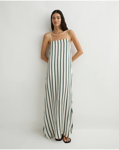 BONDI BORN - Cannes Silk Slip Dress - Forest Stripe