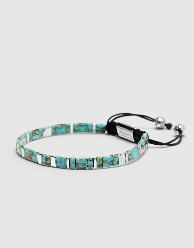 Nialaya Jewellery - Men's Bracelet with Marbled Turquoise And Silver Miyuki Tila Beads