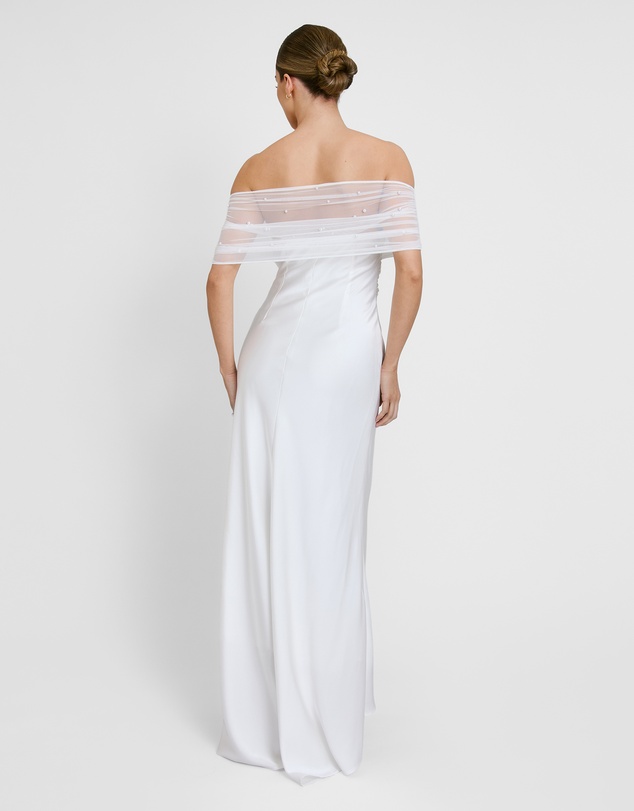 Six Stories - Bardot Detail Pearl Satin Midaxi Dress