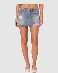 EDIKTED - Ginnie Low Rise Distressed Denim Mini Skirt