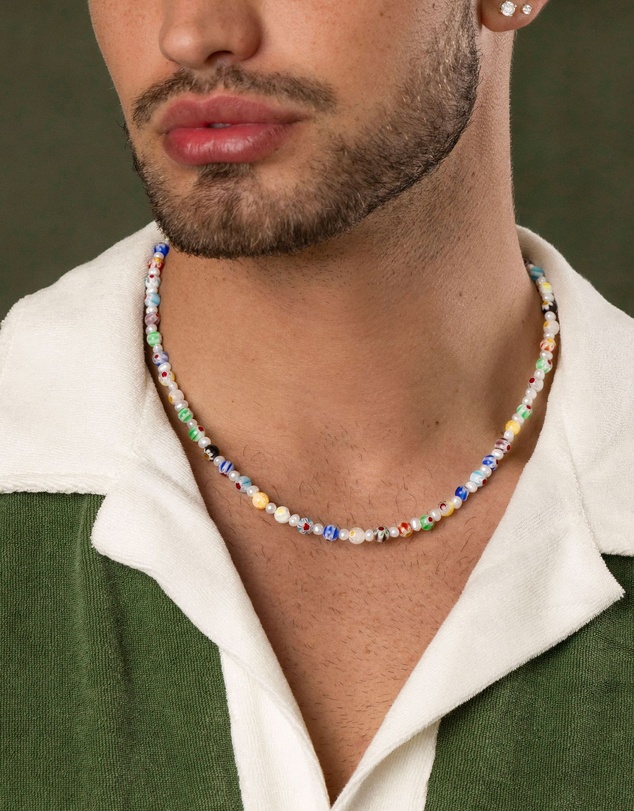 Nialaya Jewellery - Men's Pearl Necklace with Hand-Painted Glass Beads