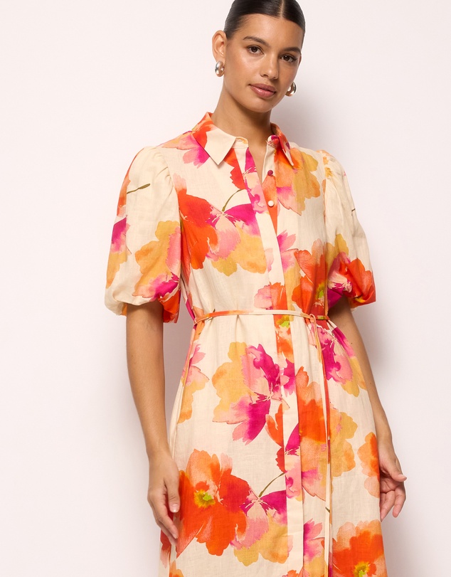AERE - Linen Puff Sleeve Relaxed Shirt Dress