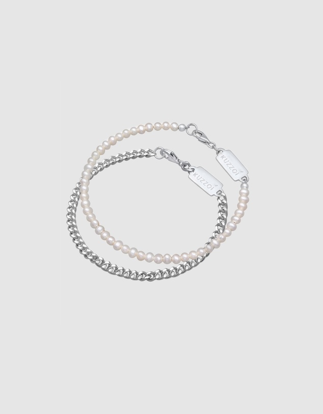 Kuzzoi - ICONIC EXCLUSIVE - Curb Chain and Pearl Bracelet Set in 925 Sterling Silver