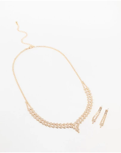 Lovisa - Gold Cubic Zirconia 2 Row Necklace and Earrings Set