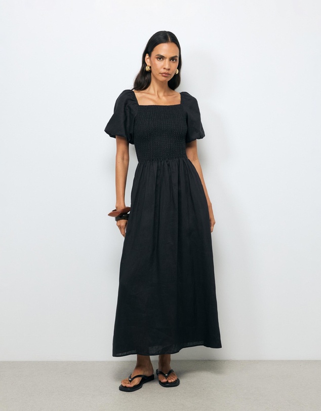 Revibe - Repaired AERE Olana Shirred Linen Midi Dress - AU 18