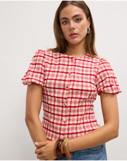 The Fated - Adela Check Puff Sleeve Top