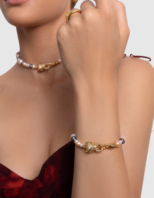 Nialaya Jewellery - Women's Multi-Colored Pearl Bracelet with Gold Panther Head