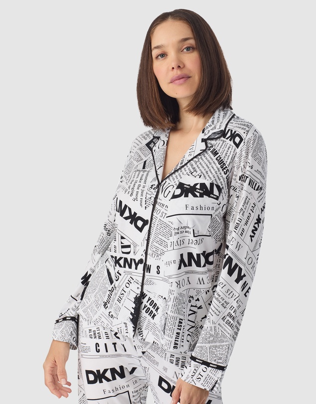 DKNY - Logo Print Cotton Jersey Button Up Long Sleeve Long Pyjama Set
