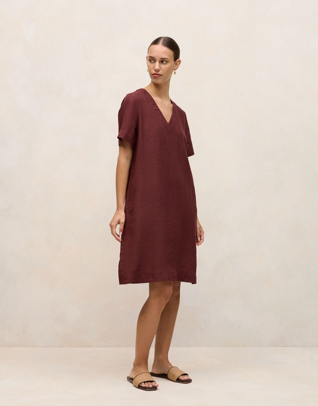 Trenery - Delave Linen V Neck Popover Shift Dress in Espresso