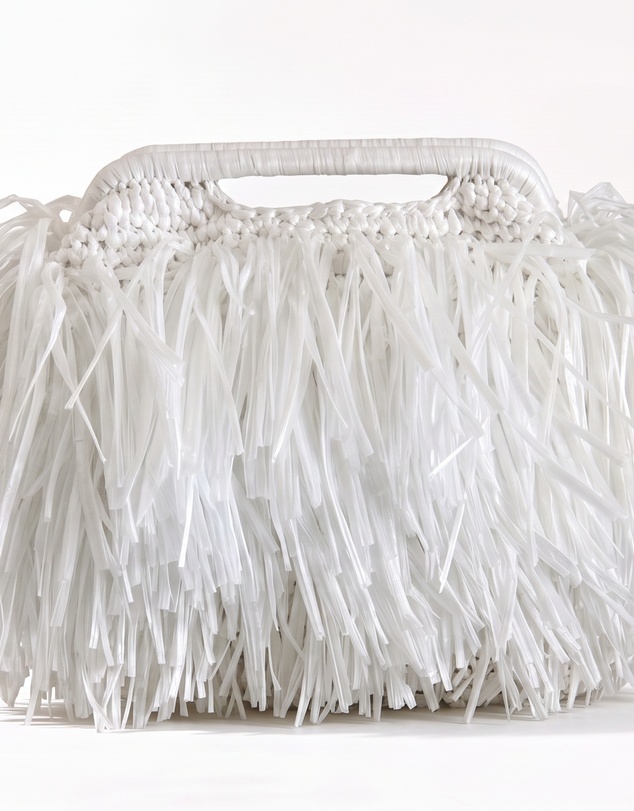 Izoa - Izoa Bridgett Tassel Clutch White Hand-Woven Crochet Fringe Bag with Handle