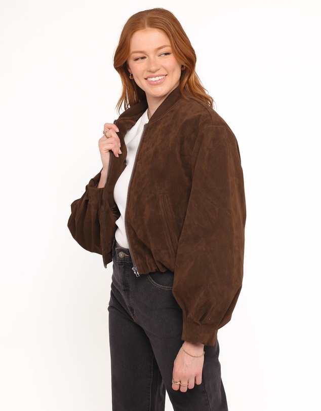 Petal & Pup - Goldie Faux Suede Bomber Jacket - Brown