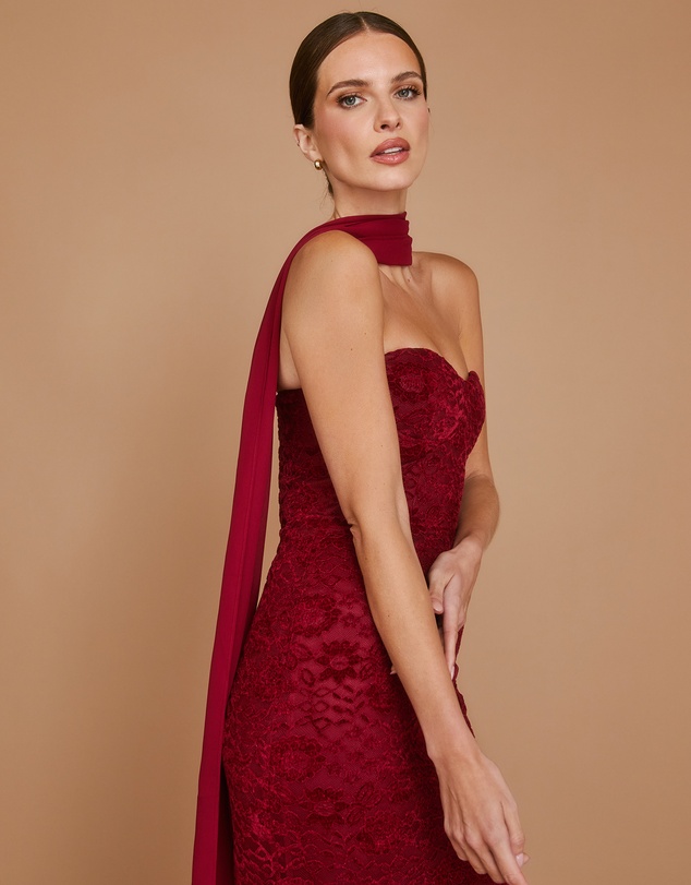 Six Stories - Velvet Lace Corset Bandeau Maxi Dress with Neck Scarf