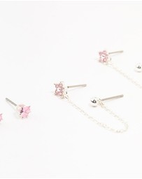 Lovisa - Silver Plated Brass Heart Flower Chain Earrings 3-Pack