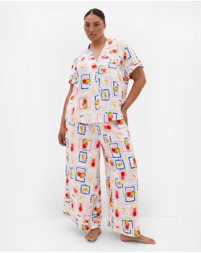 City Chic - Plus size Kitty Citrus Print Pyjama Shirt - ivory