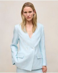 Trenery - Linen Collarless V Neck Blazer in Pastel Blue