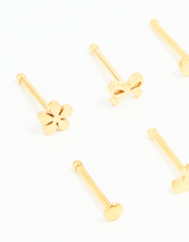 Lovisa - Gold Plated Surgical Steel Heart, Bow & Flower Nose Stud 6-Pack