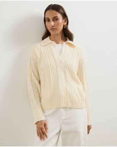 Atmos&Here - Faye Cable Knit Pullover With Collar