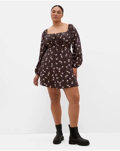 City Chic - Aire Field Print Long Sleeve Mini Dress