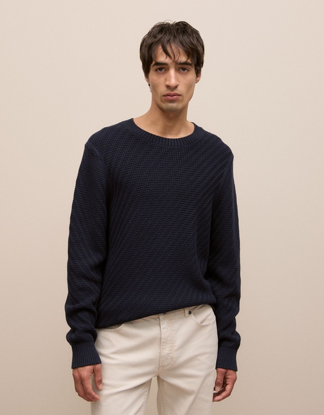 Trenery - Cotton Blend Textured Crew in Navy