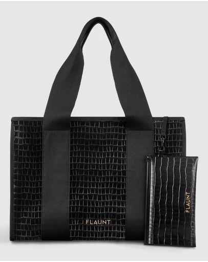 Flaunt - Flaunt Black Crocodile Faux Everyday Tote w/ Pouch