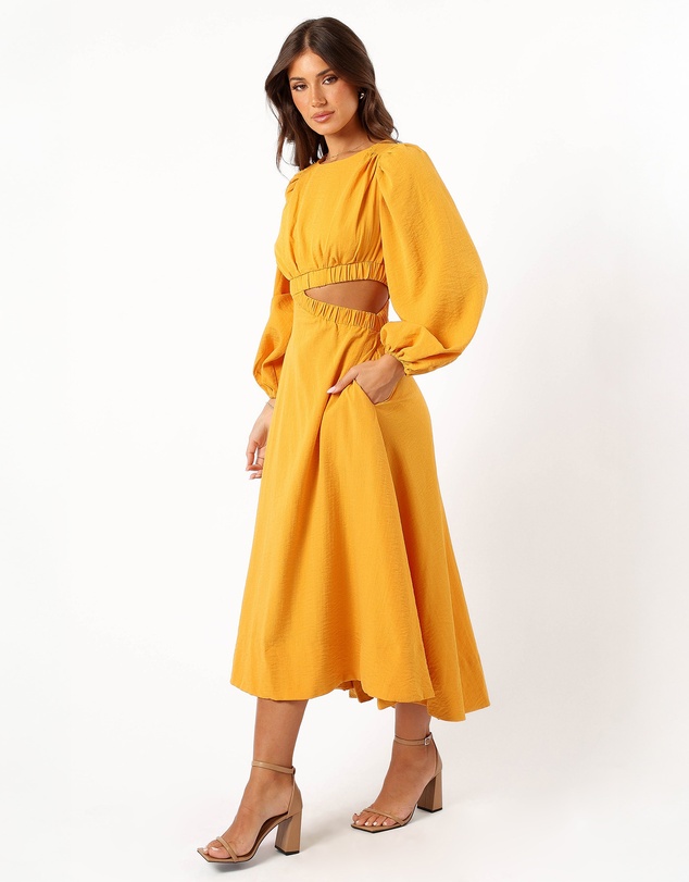 Petal & Pup - Ginnee Puff Sleeve Cutout Midi Dress - Mustard