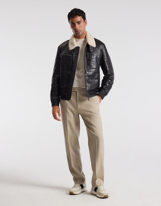 Calibre - Croc Embossed Leather Shearling Jacket Chocolate
