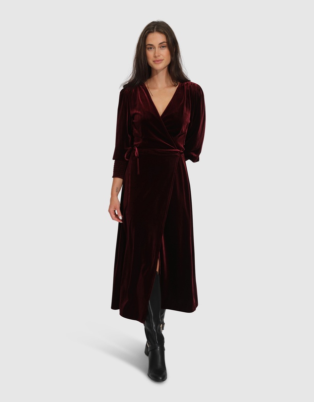 Belle & Bloom - Current Mood Velvet Wrap Dress - Burgundy