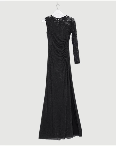 Revibe - Repaired Self Portrait Rhinestone Lace Sleeve Maxi Dress - AU 8