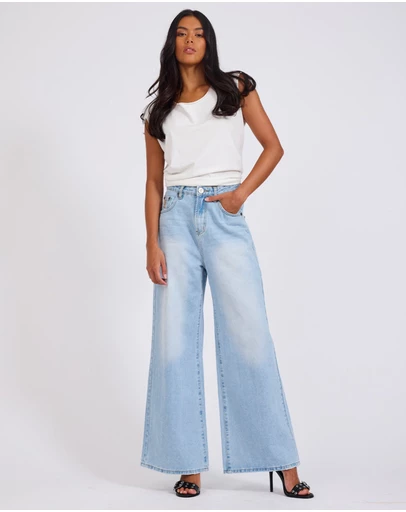 ONE TEASPOON - Love Machines Mid Waist Super Wide Leg Heartless Denim Jeans - Blue