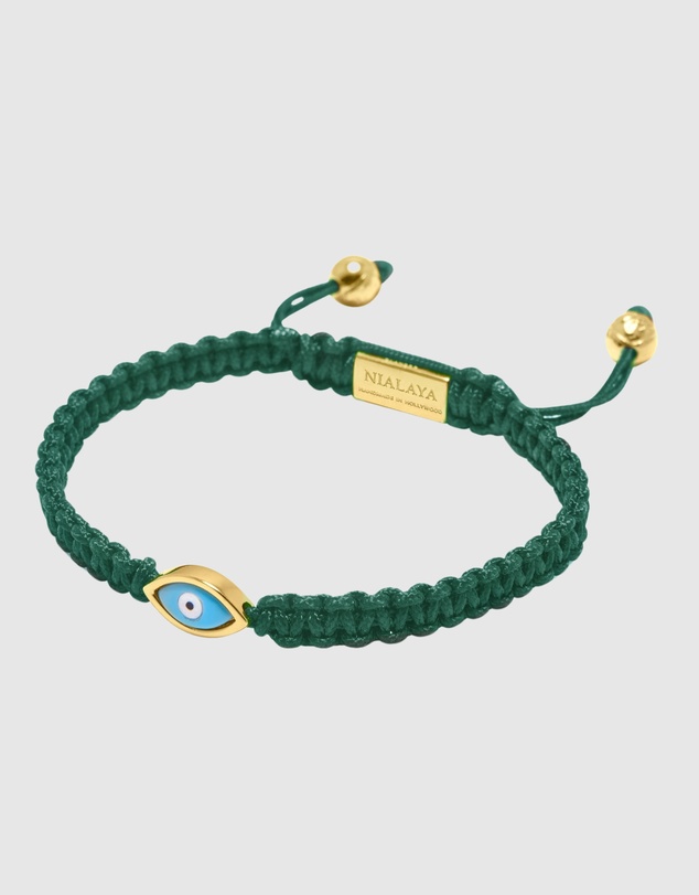 Nialaya Jewellery - Men's Dark Green String Bracelet with Gold Evil Eye