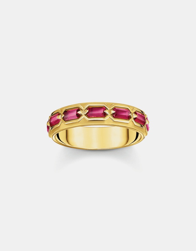 THOMAS SABO - Gold Plated Band Ring in Crocodile Design with Red Stones