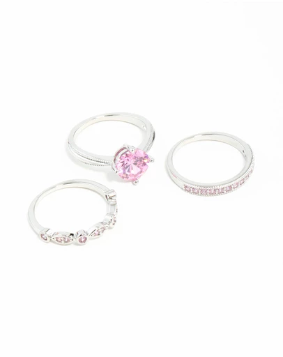Lovisa - Pink Cubic Zirconia 3 Ring Stack Pack