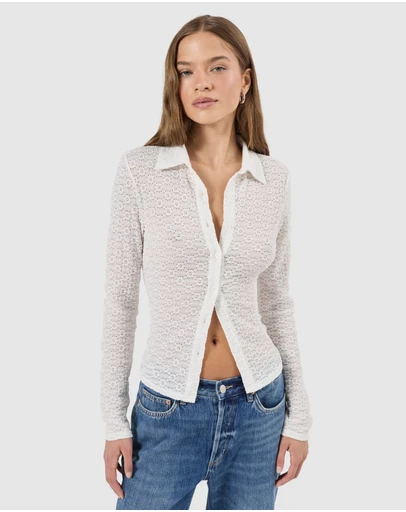 Rolla's - Daisy Lace Long Sleeve Shirt - White